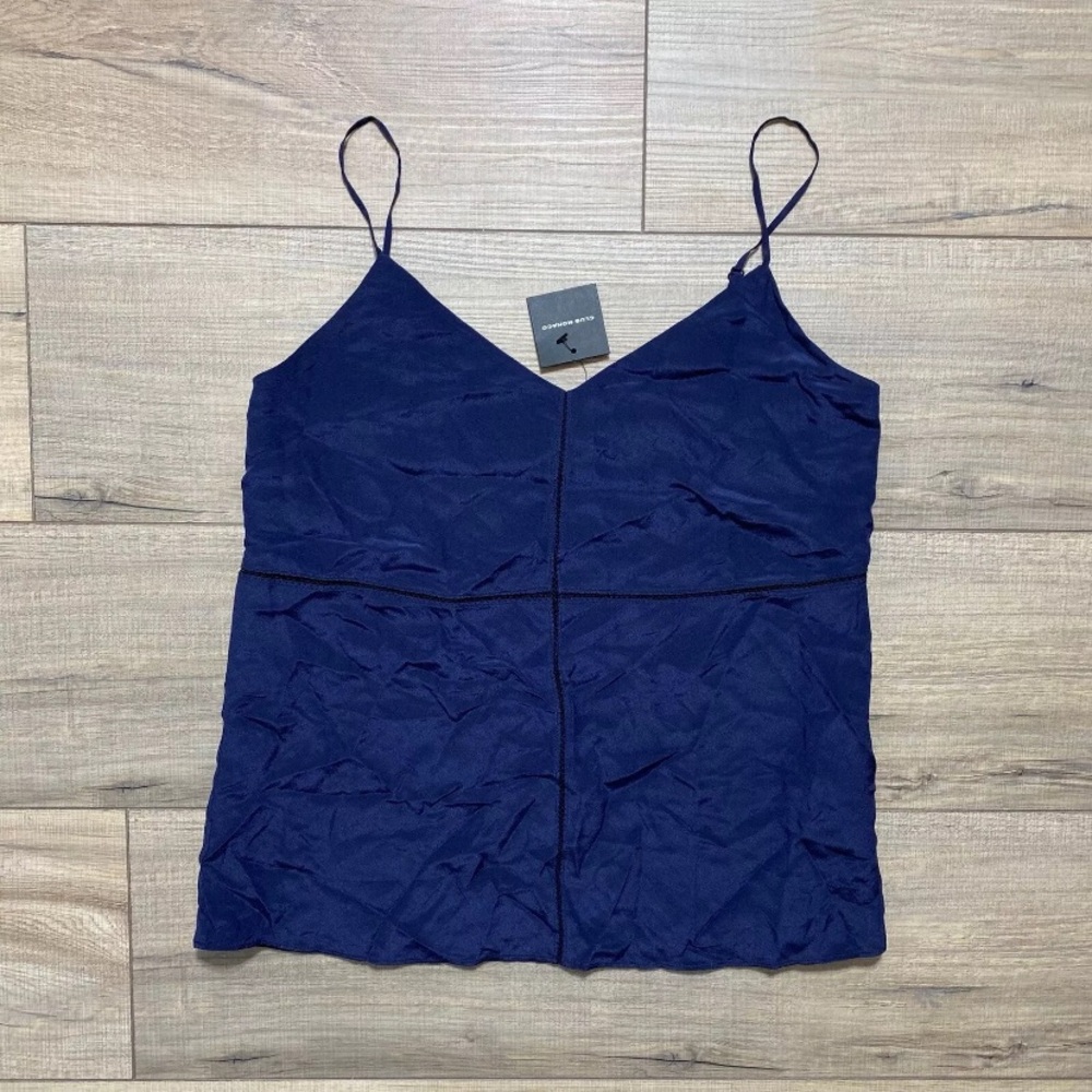 Club Monaco‎ Women Lined Silk Trim Cami Size XS Navy Blue Adjustable Straps